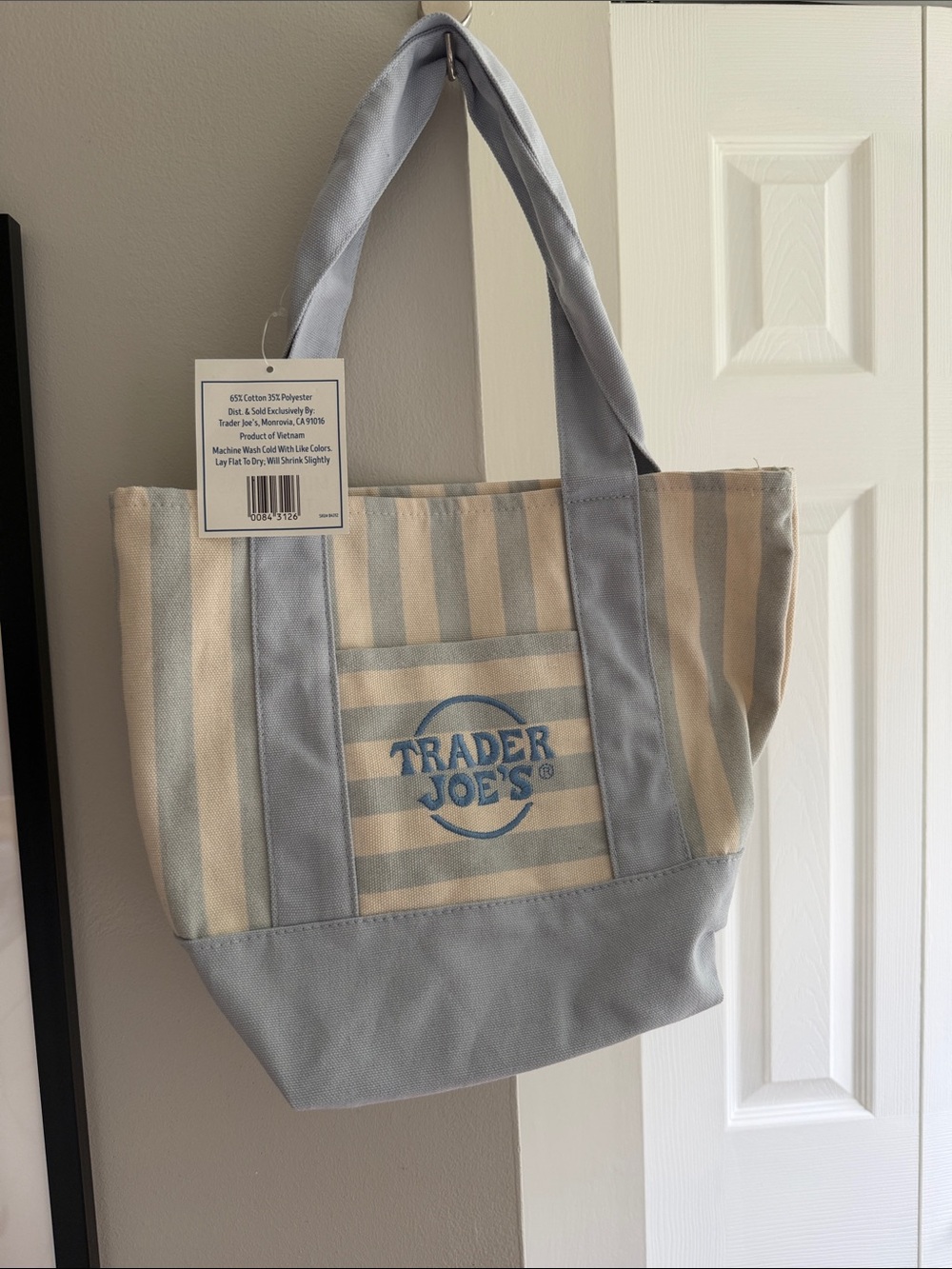 NWT Trader Joe's mini Canvas Striped Tote Bag in Light Blue & Cream